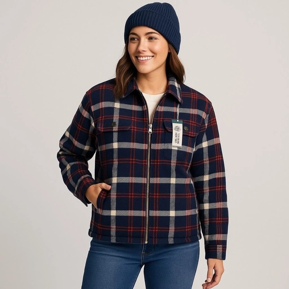 Alpine Design Womens M Sherpa Lined Flannel Jacket Navy Plaid Organic Cotton NEW